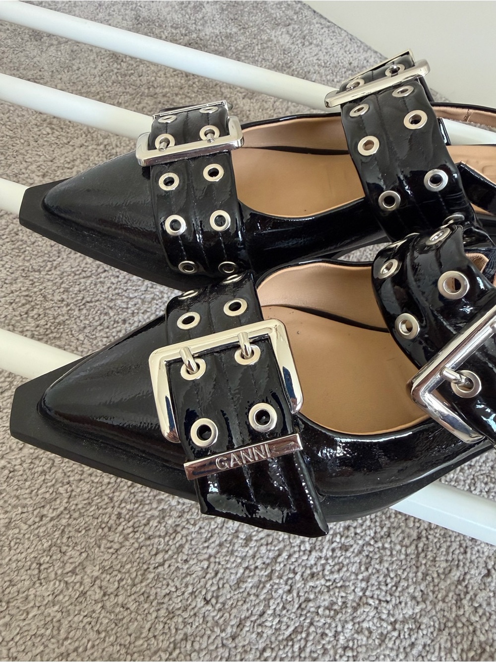 Ganni Black Patent Pointed Buckle Flats - Picture 3 of 5